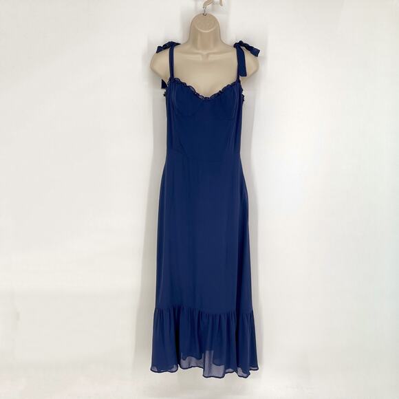 Reformation Nikita Midi Dress Sz 0 Navy Corset Bodice Lined Tie Straps Chiffon - Picture 1 of 13